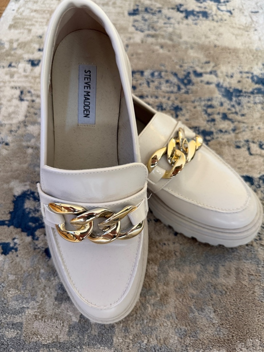 Steve Madden Cream Platform Loafers with Gold Chain